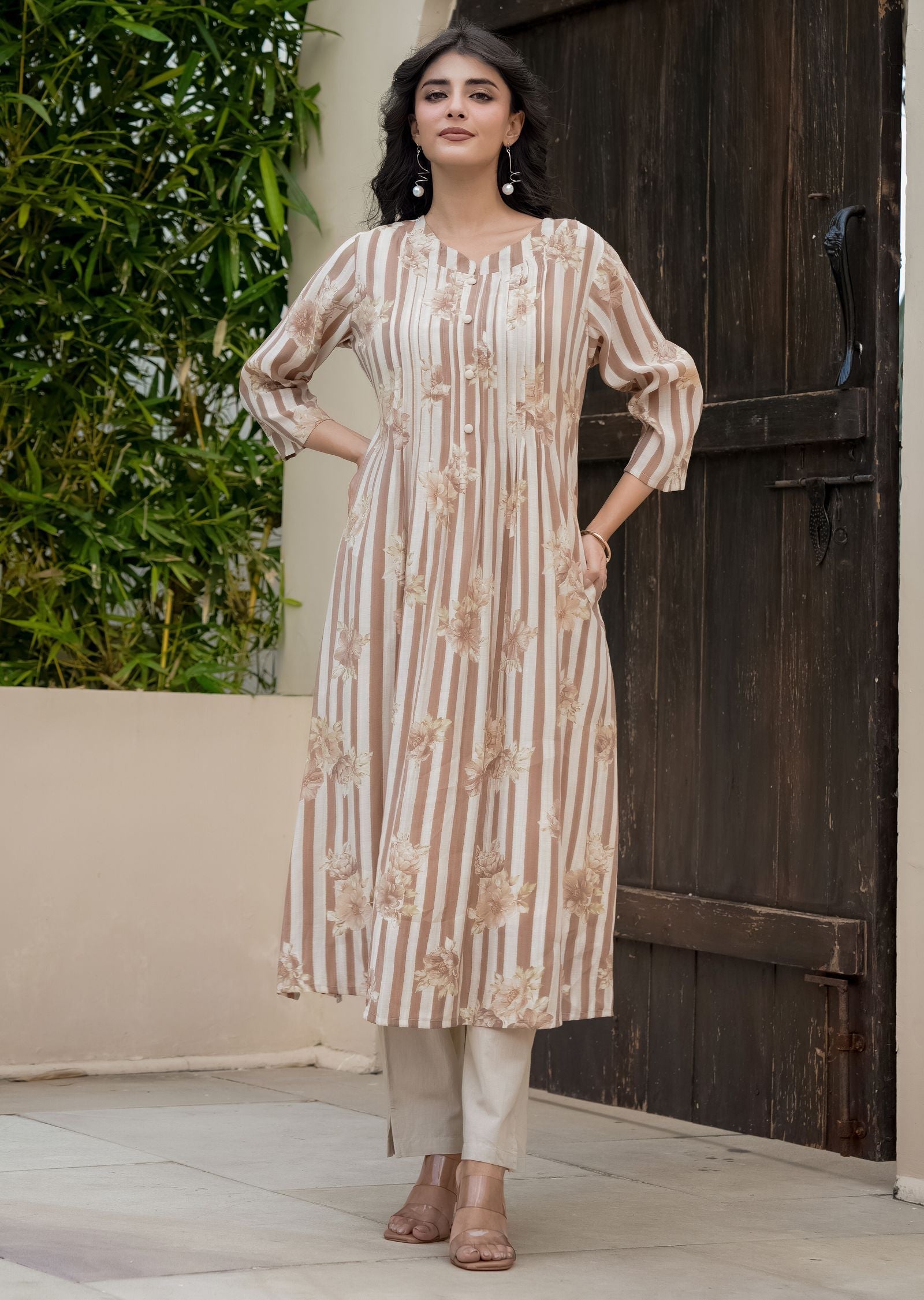 Brown Cotton Straight Cut Kurti Set