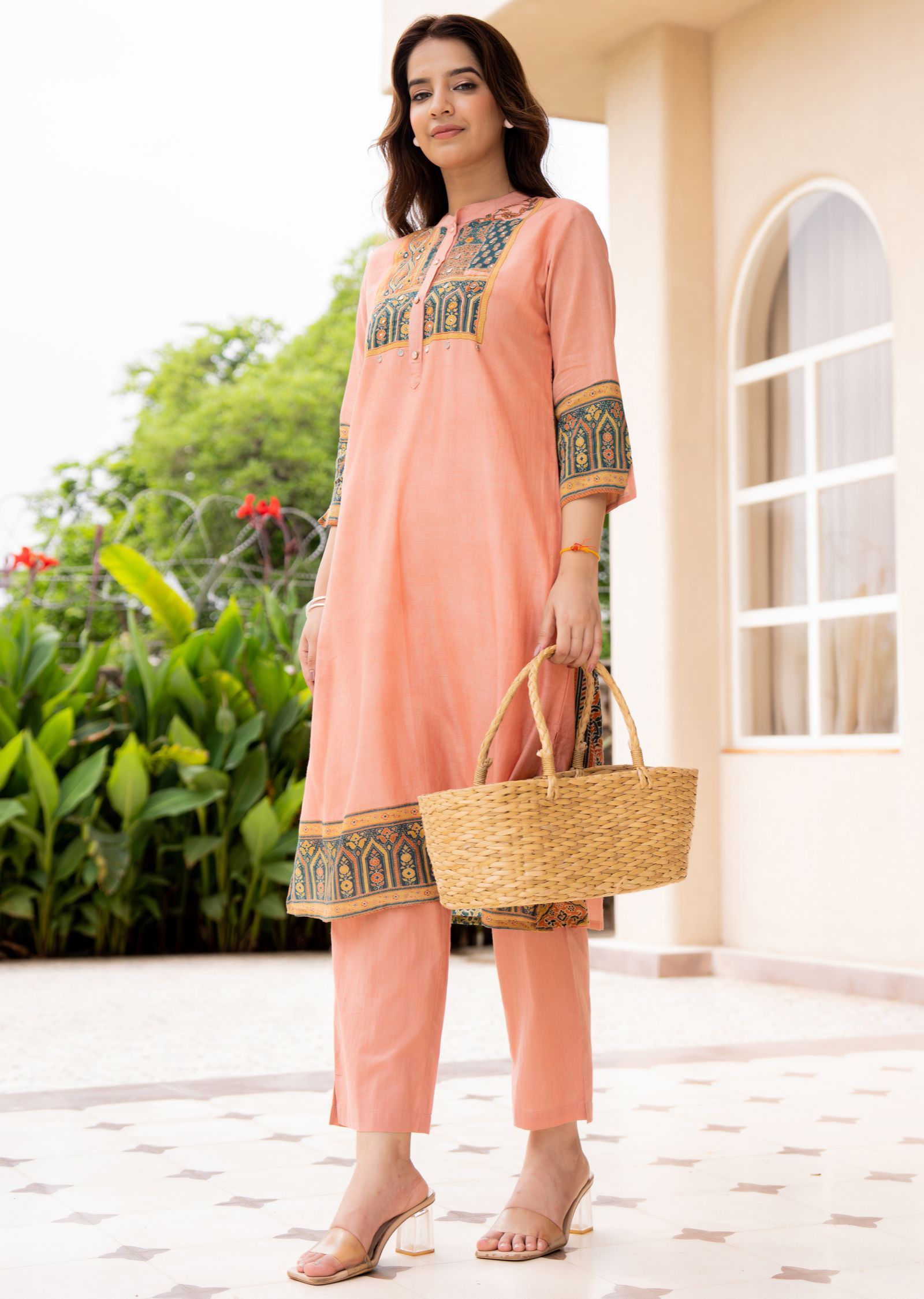 Rust Cotton Straight Cut Kurti Set