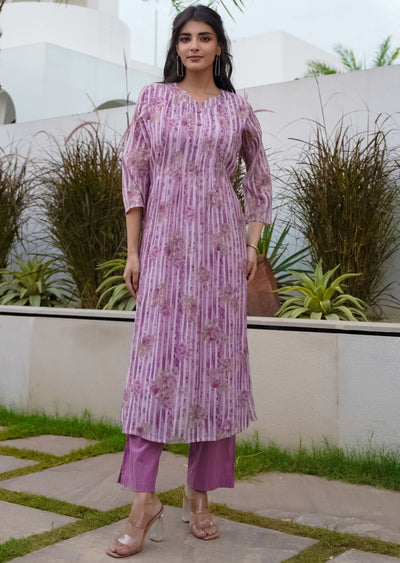 Mauve Cotton Straight Cut Kurti Set