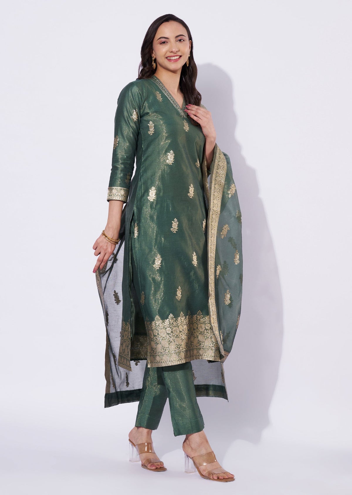 Green Tissue Straight Cut Kurti