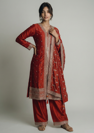 Orange Straight-Cut Embroidered Suit