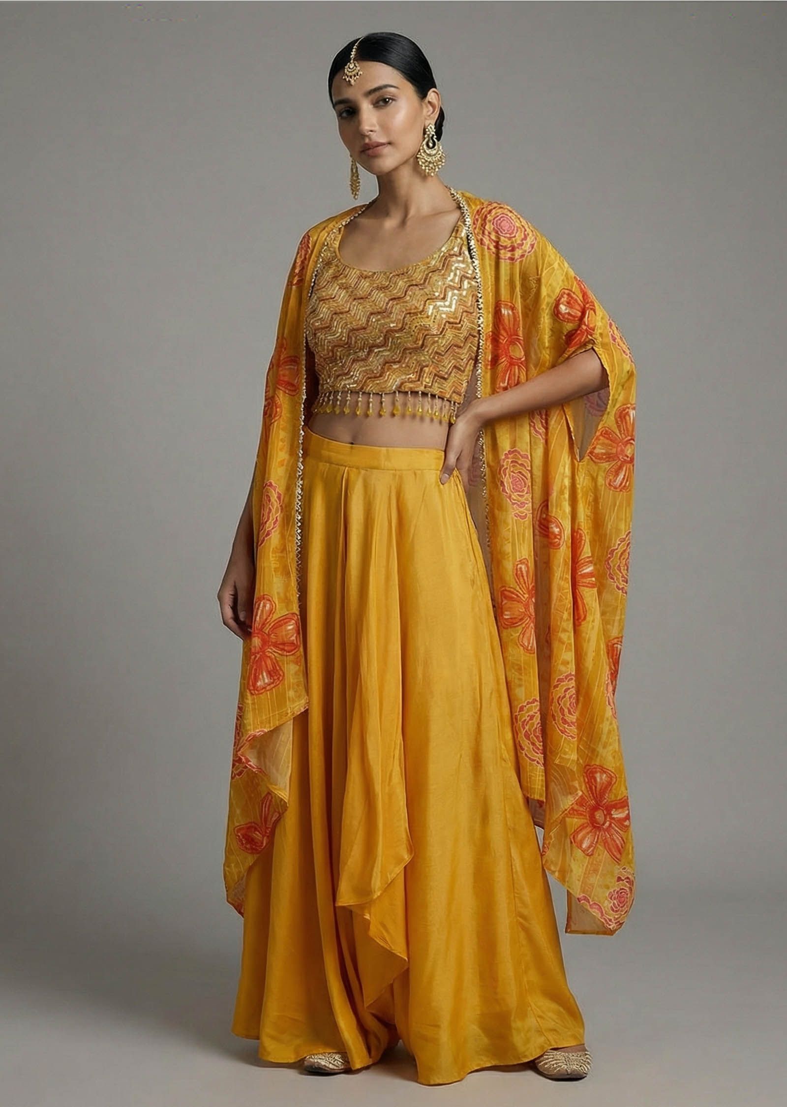 Mustard Indo-Western Set With Cape