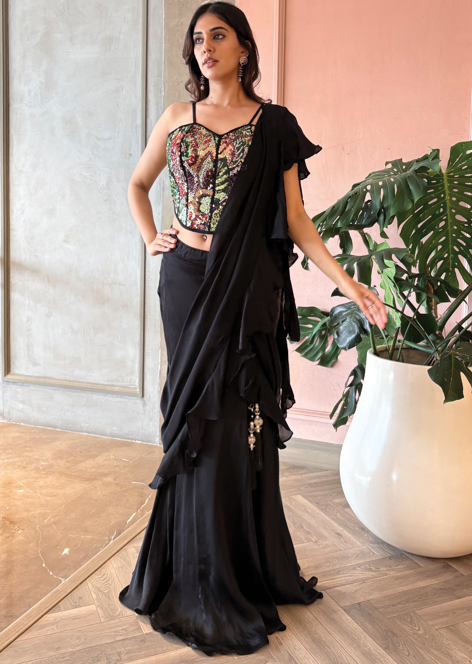 Black corset drape saree