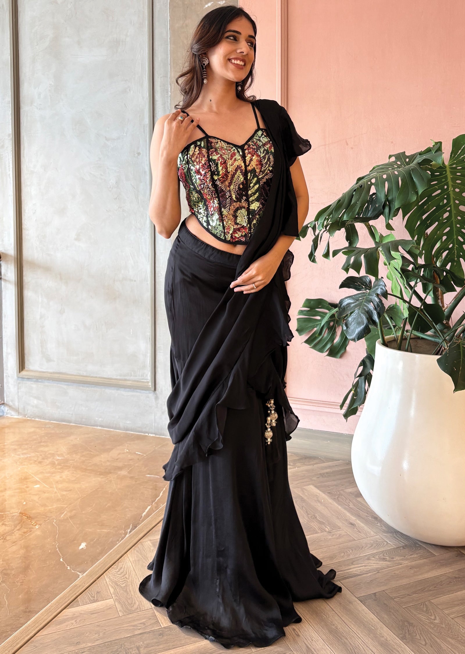 Black corset drape saree