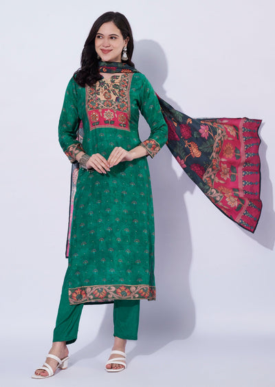 Green straight cut kurti with printed dupatta