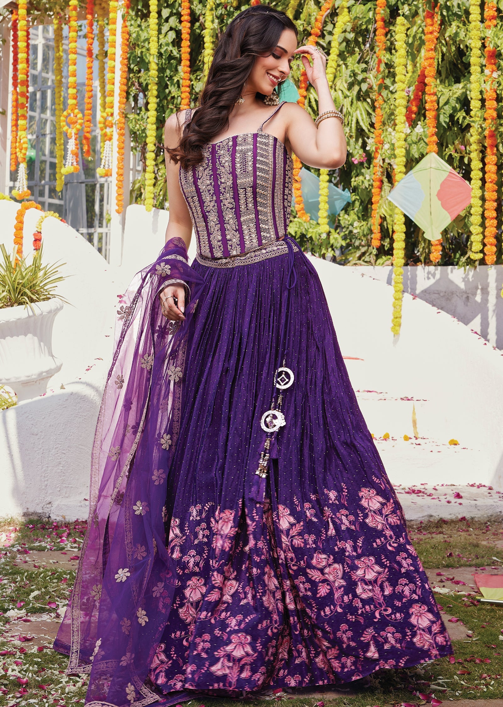 Purple crepe corset lehenga