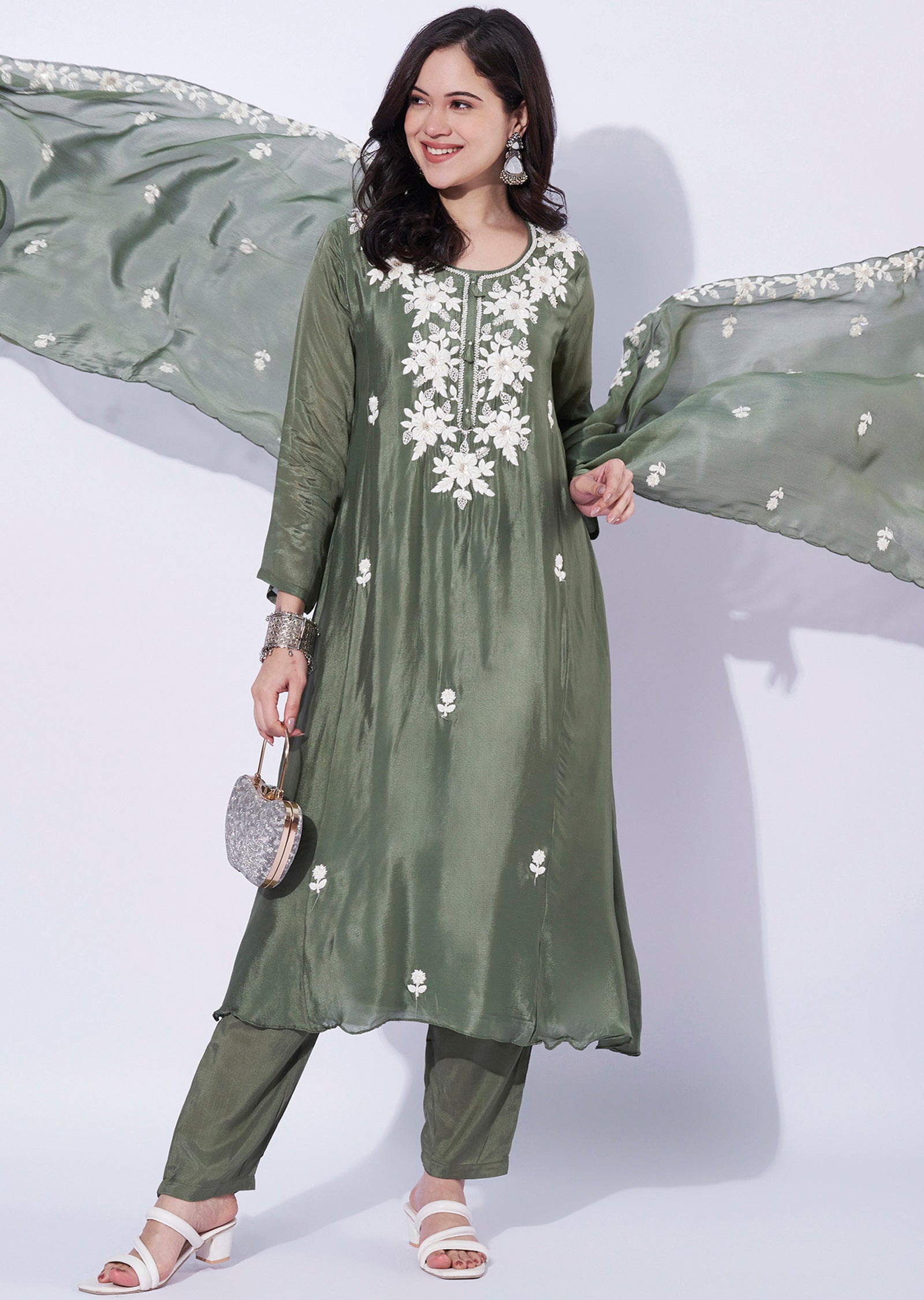 Dusty Green Chinnon Anarkali Suit