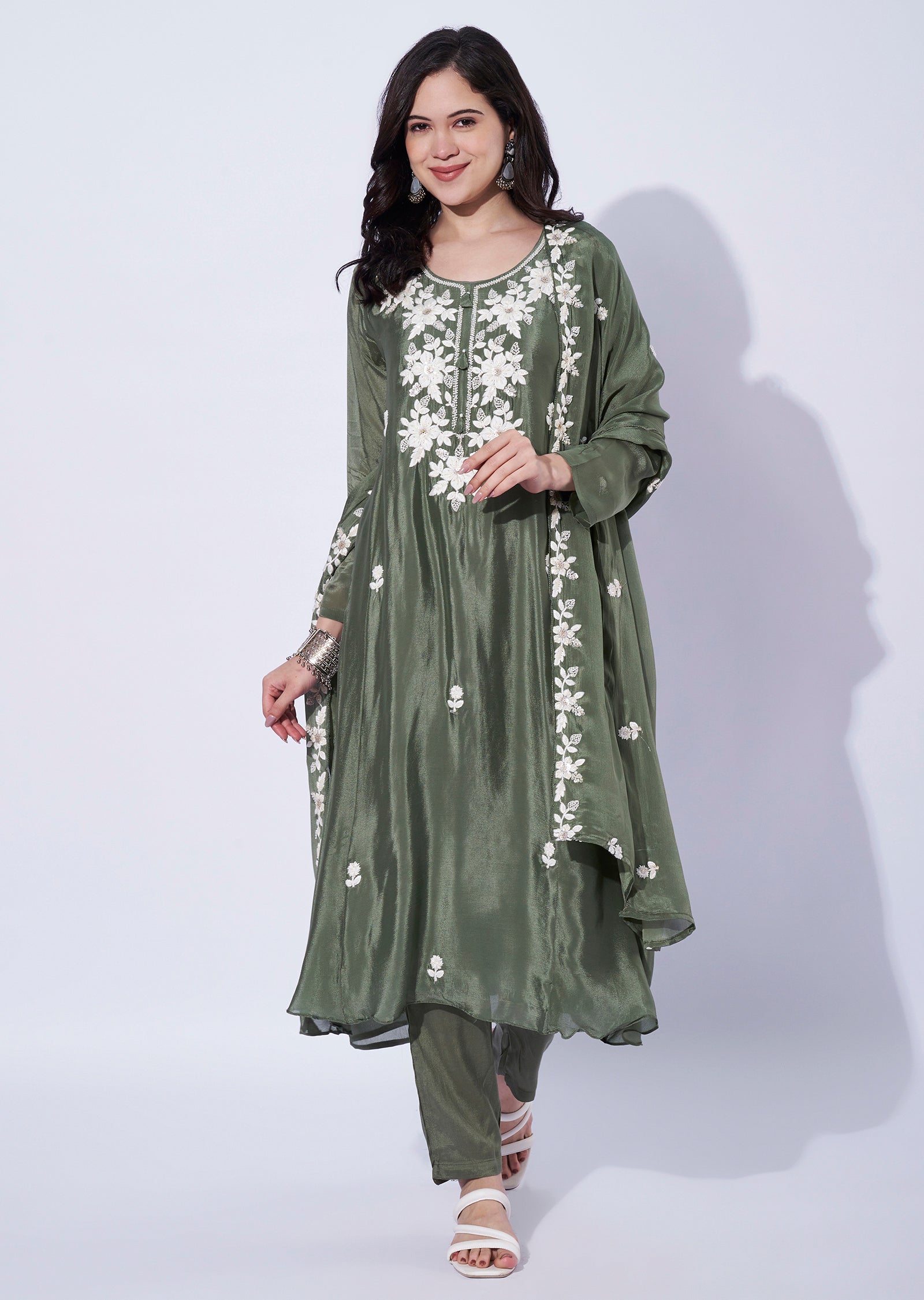 Dusty Green Chinnon Anarkali Suit