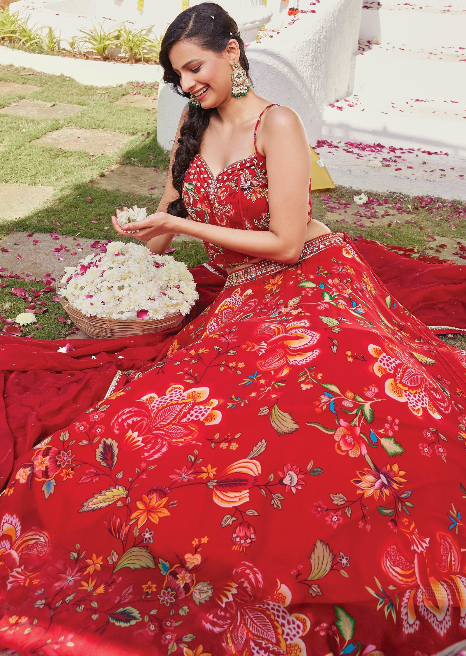 Floral Red silk corset lehenga