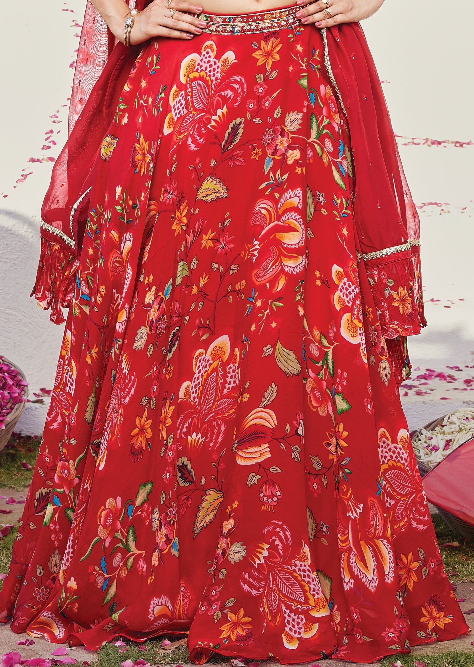 Floral Red silk corset lehenga