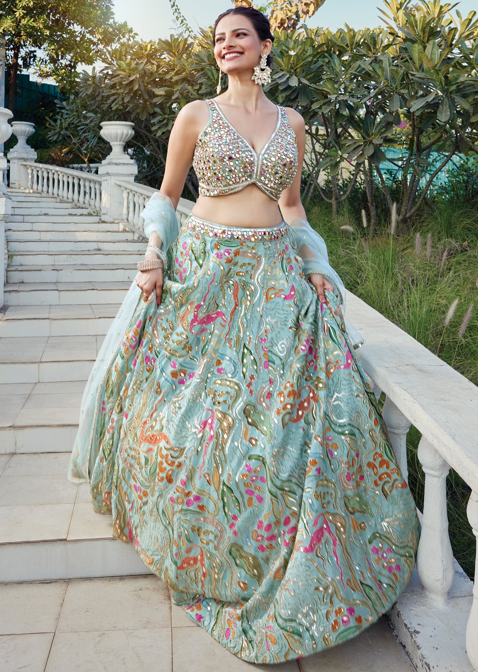 Luxury Dusty Green Chinnon Lehenga Set