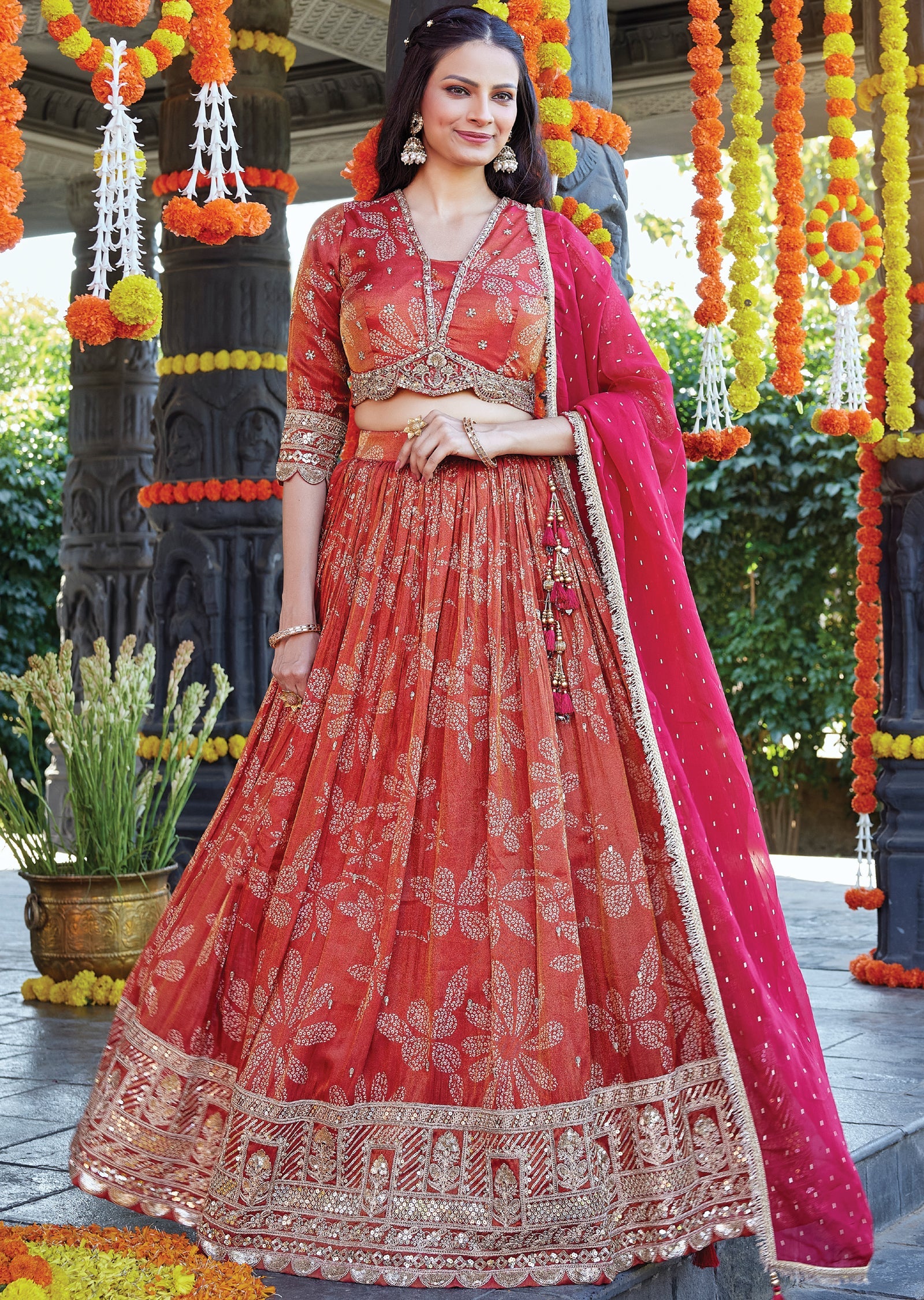 Rusty red silk lehenga
