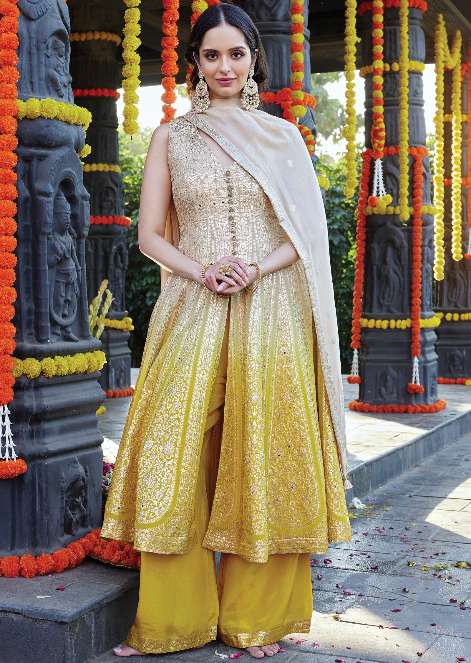 Yellow ombré Tissue Front-Slit Anarkali