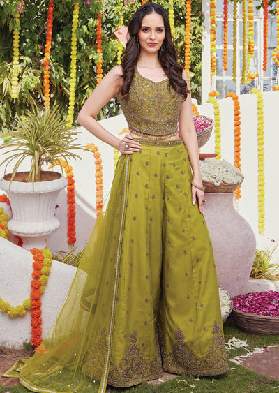 Olive green silk Sharara set