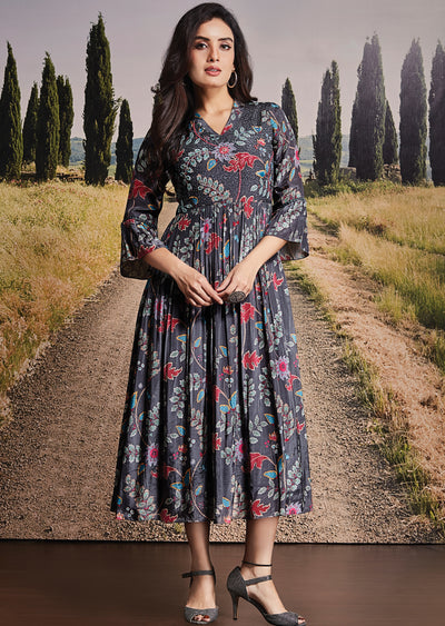 Dark Grey Crepe Frock Kurti
