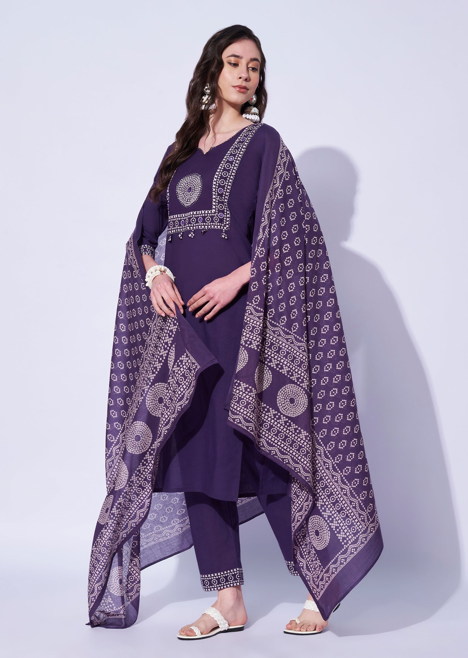 Purple Cotton Straight Cut Kurti Set