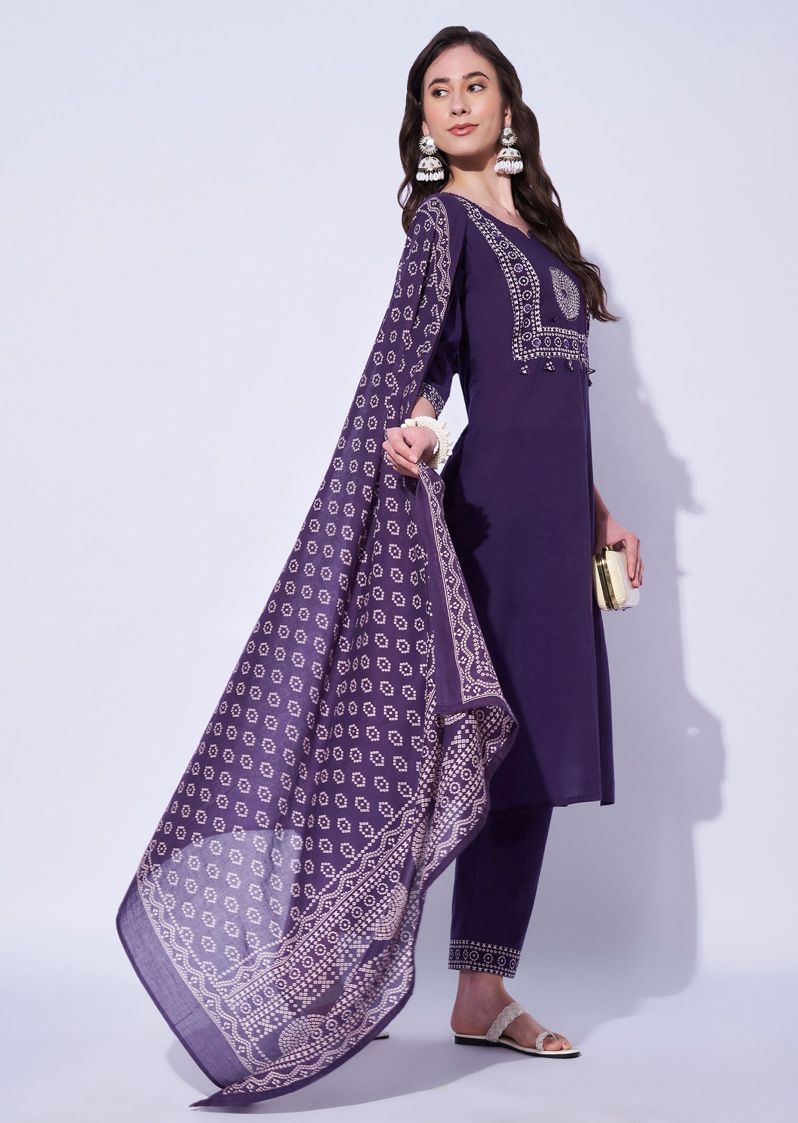 Purple Cotton Straight Cut Kurti Set
