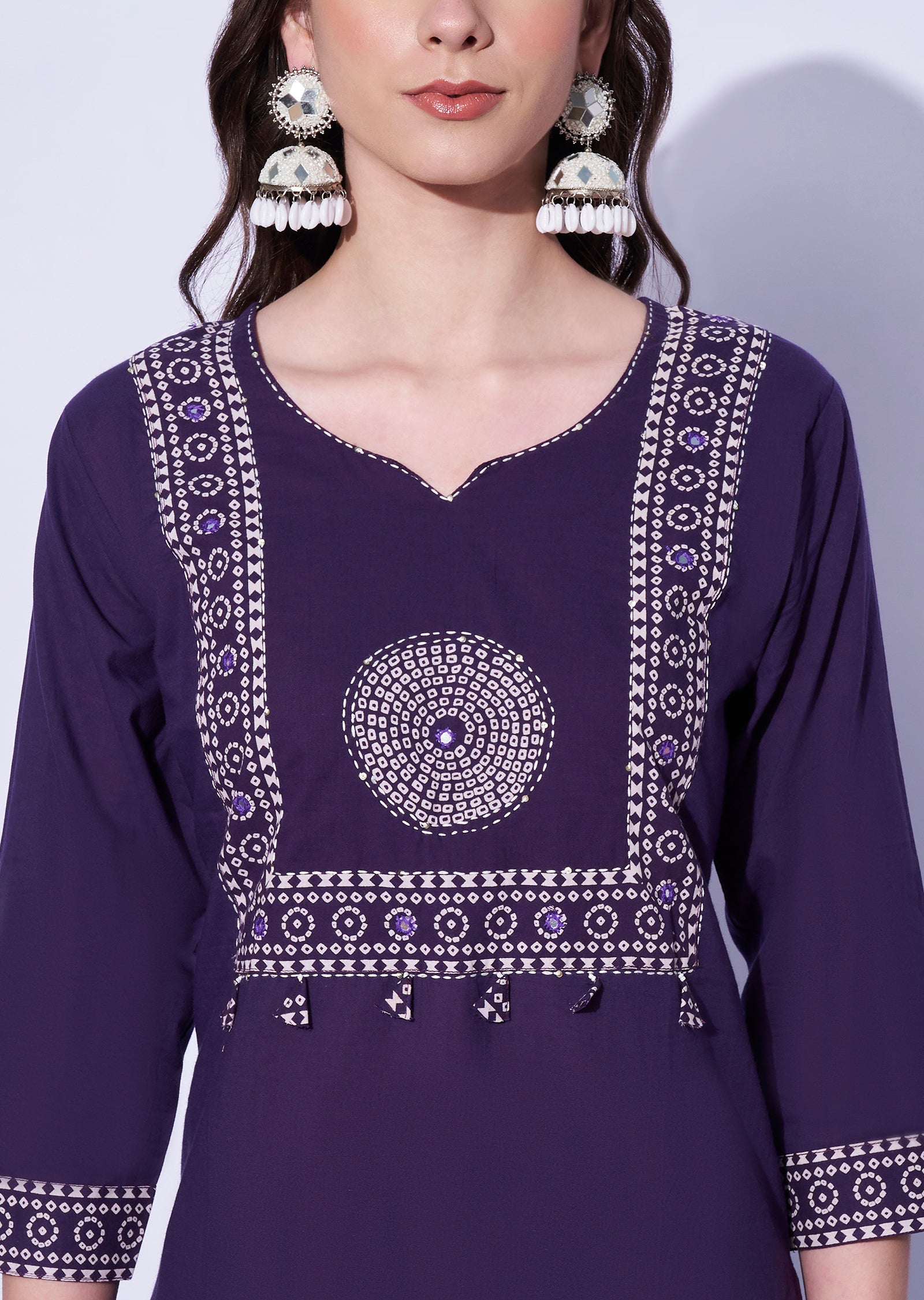 Purple Cotton Straight Cut Kurti Set