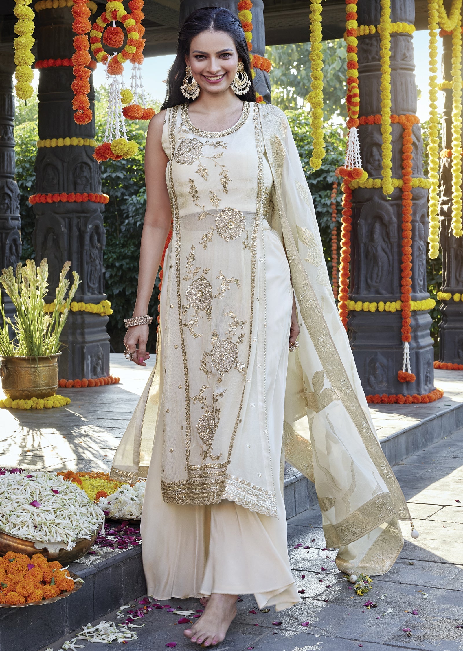 Beige Tissue straight cut kurti with palazzo pants