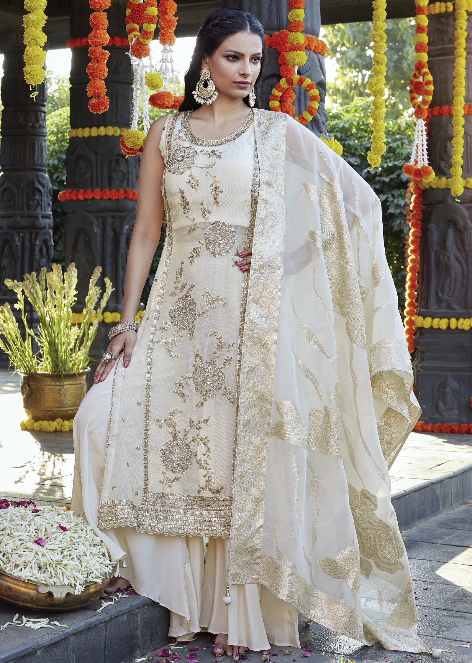 Beige Tissue straight cut kurti with palazzo pants