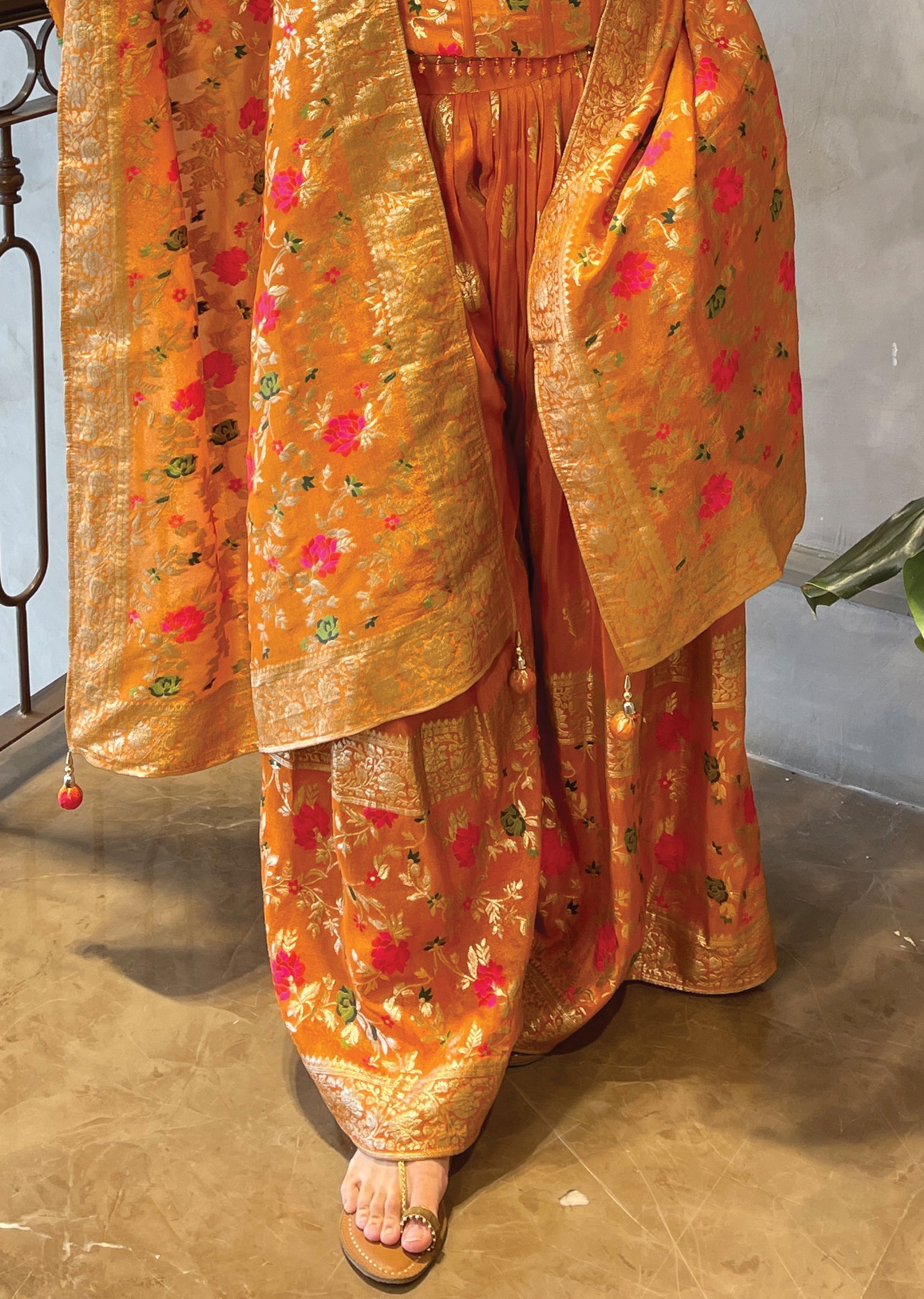 Orange Tissue corset Blouse with Palazzo & Banaras Dupatta