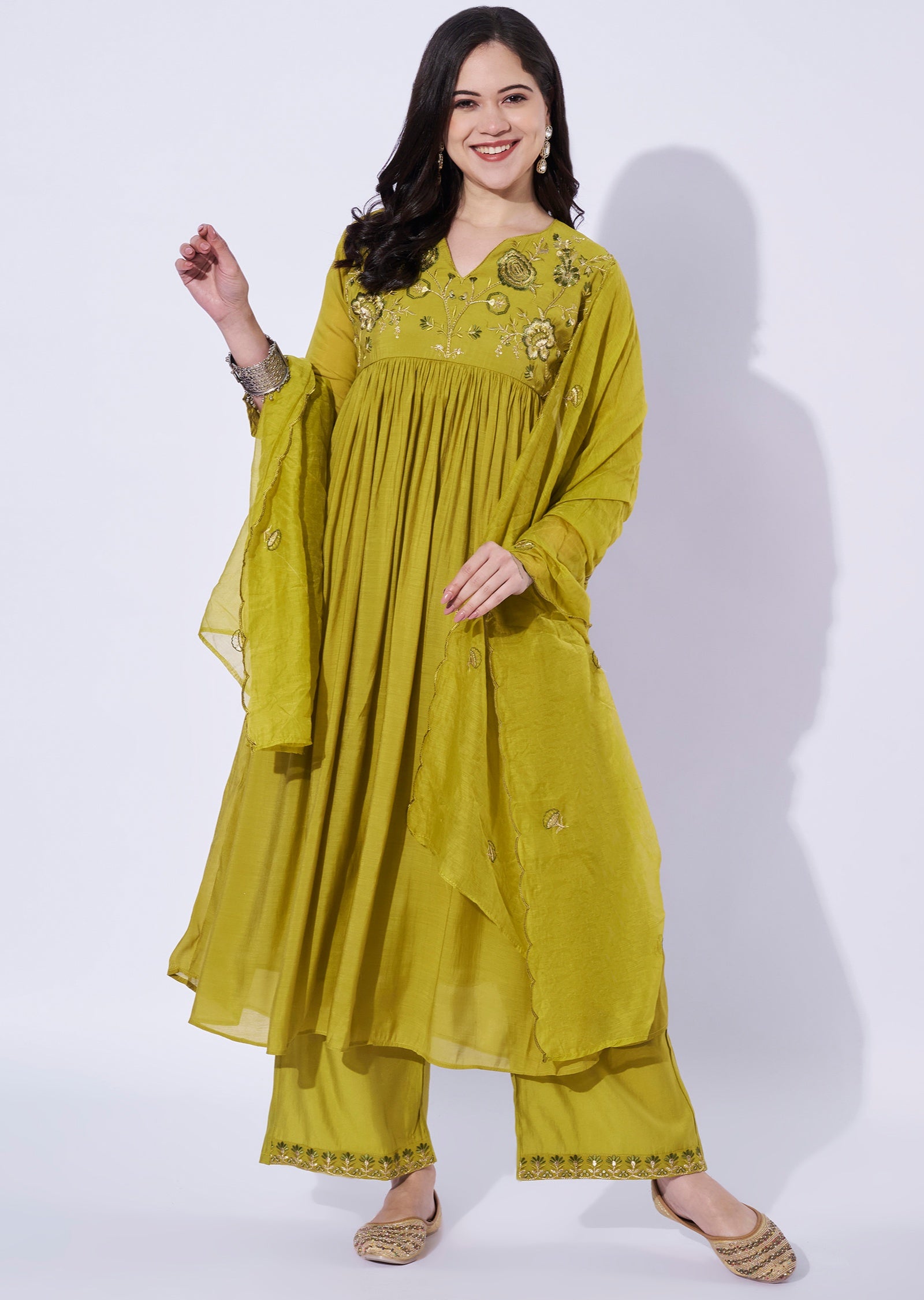 Green Mul Chanderi Anarkali