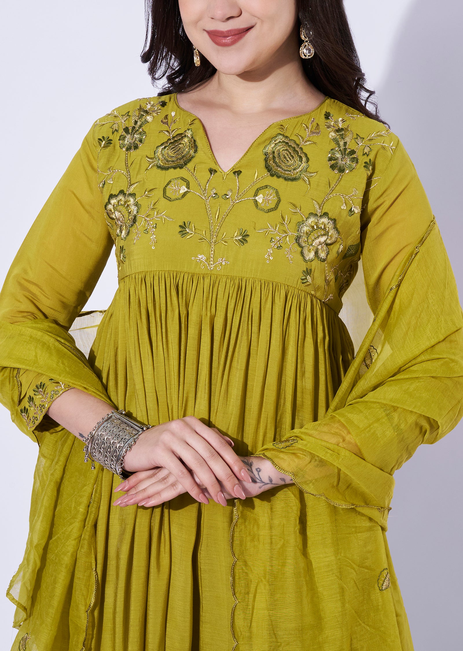 Green Mul Chanderi Anarkali