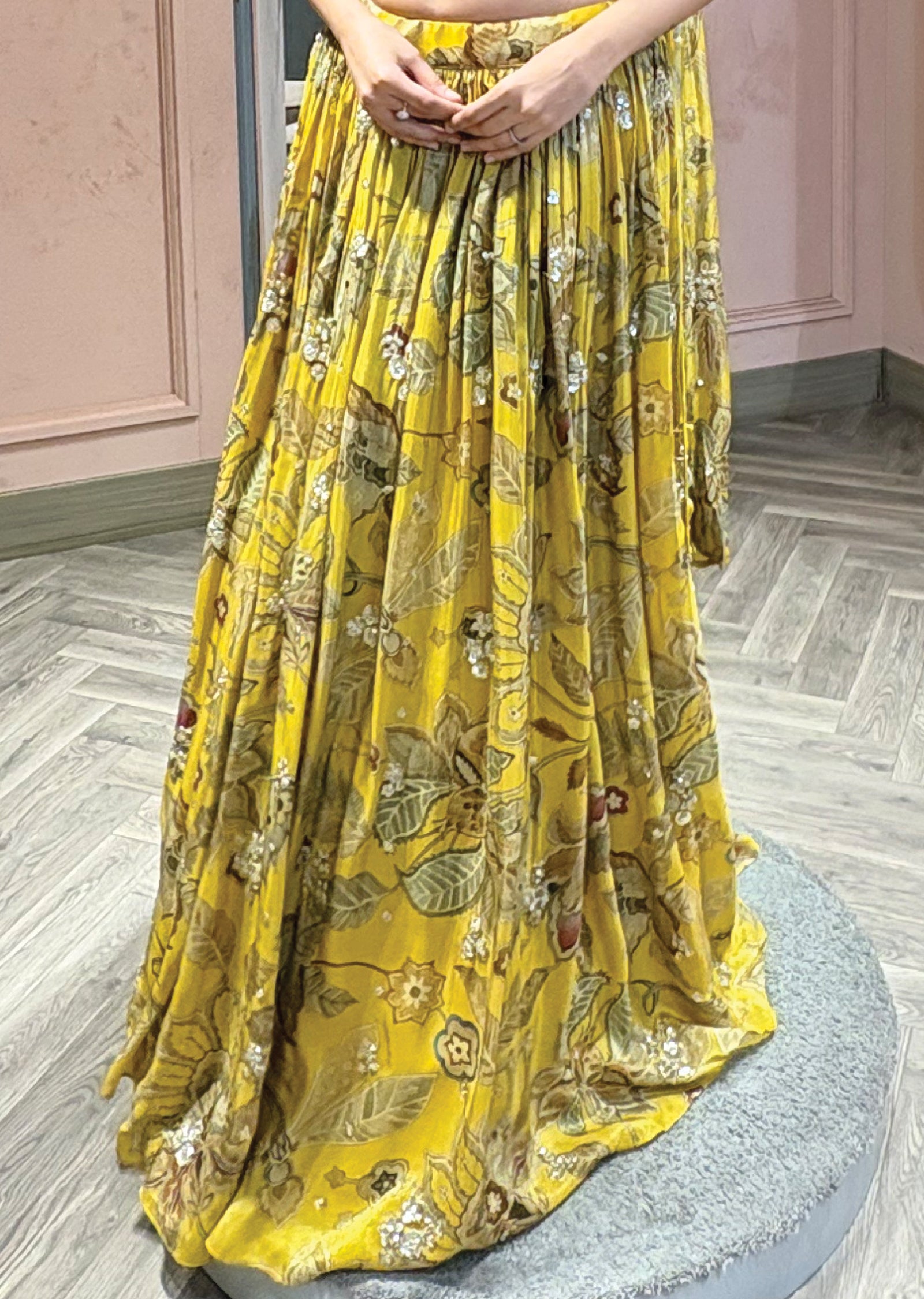 Mustard yellow floral printed corset lehenga