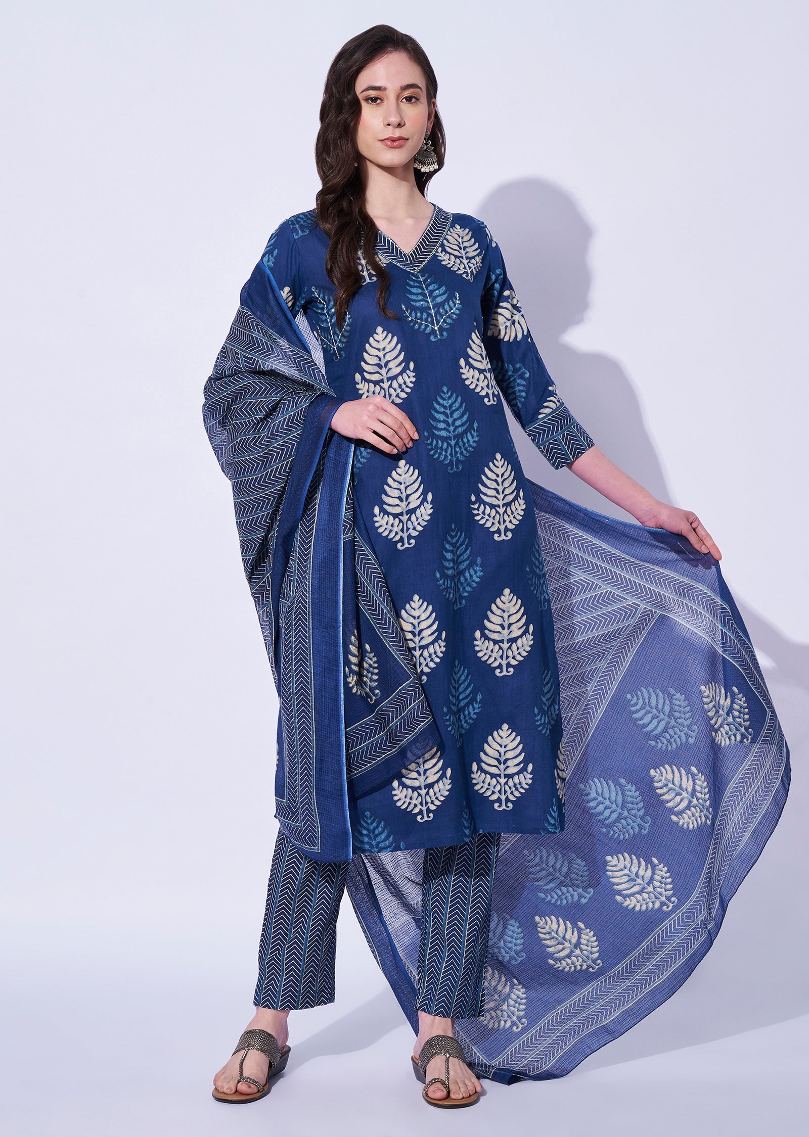 Blue Cotton Straight Cut Kurti Set