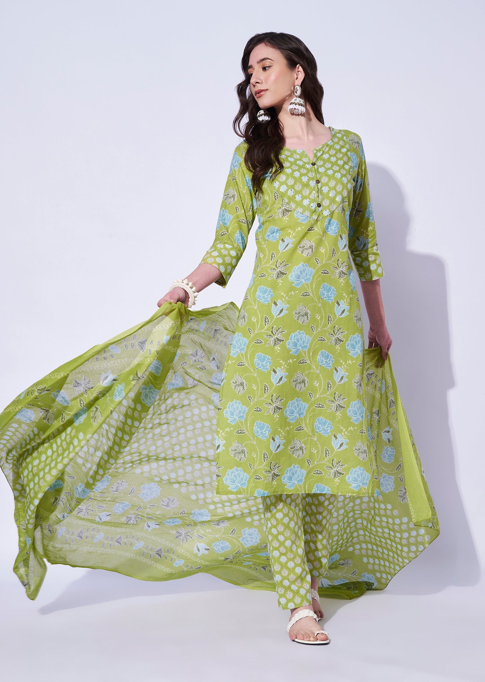 Parrot Green Cotton Straight Cut Kurti Set