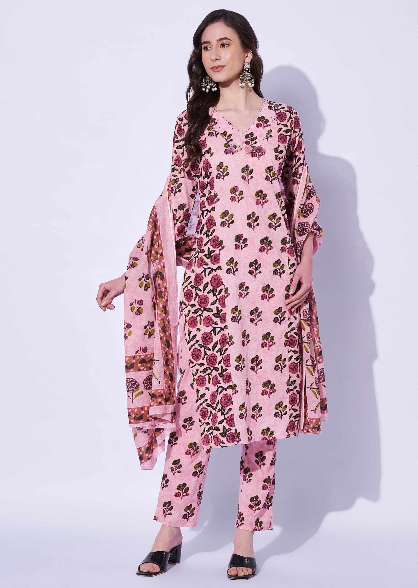 Pink Cotton Straight Cut Kurti Set