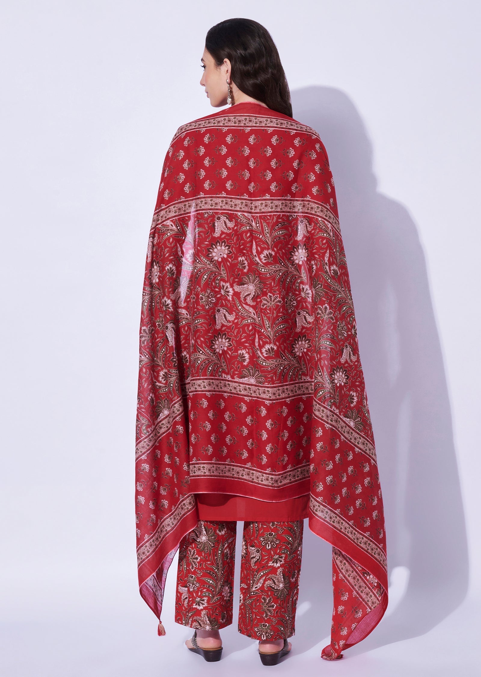 Red Cotton Straight Cut Kurti Set