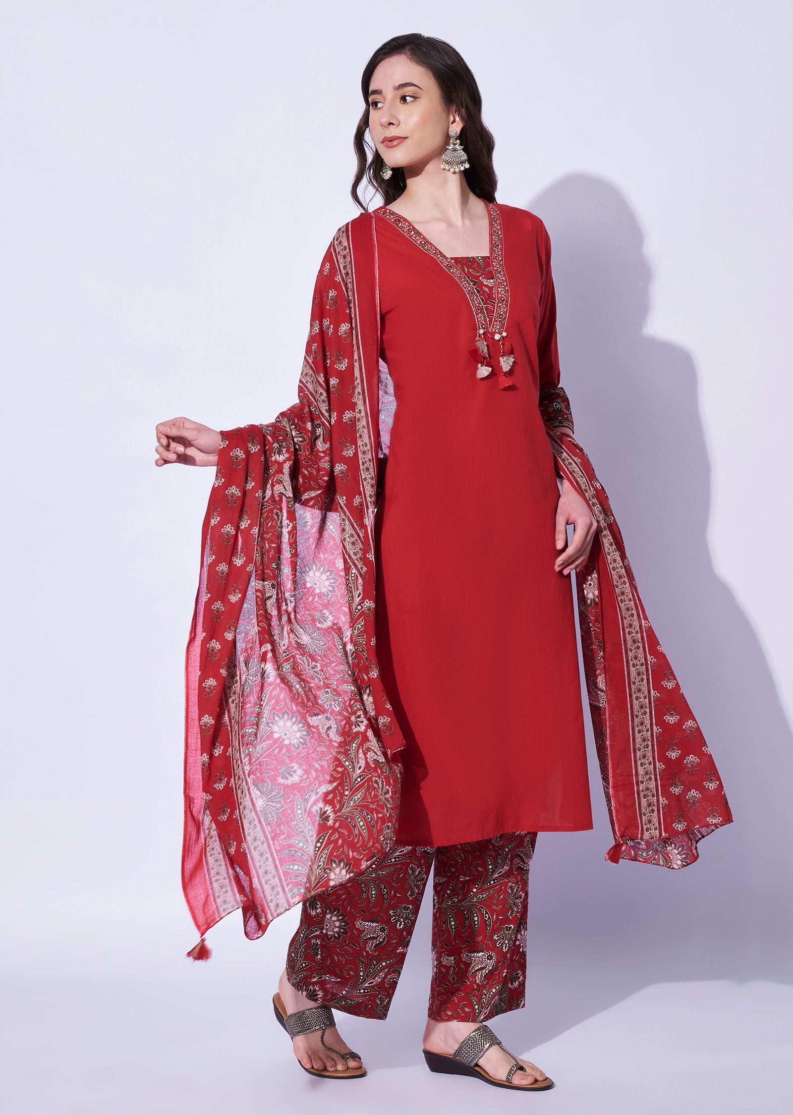 Red Cotton Straight Cut Kurti Set