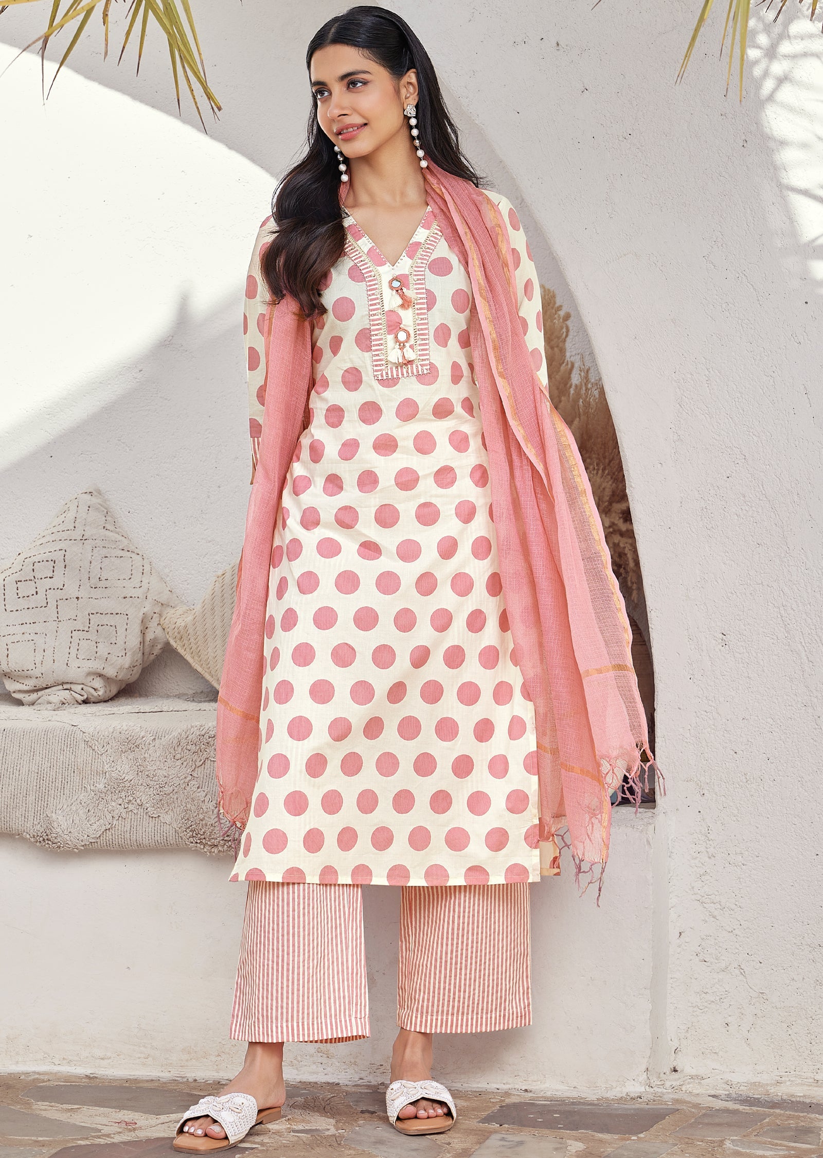 Pink Cotton Straight cut kurti Set