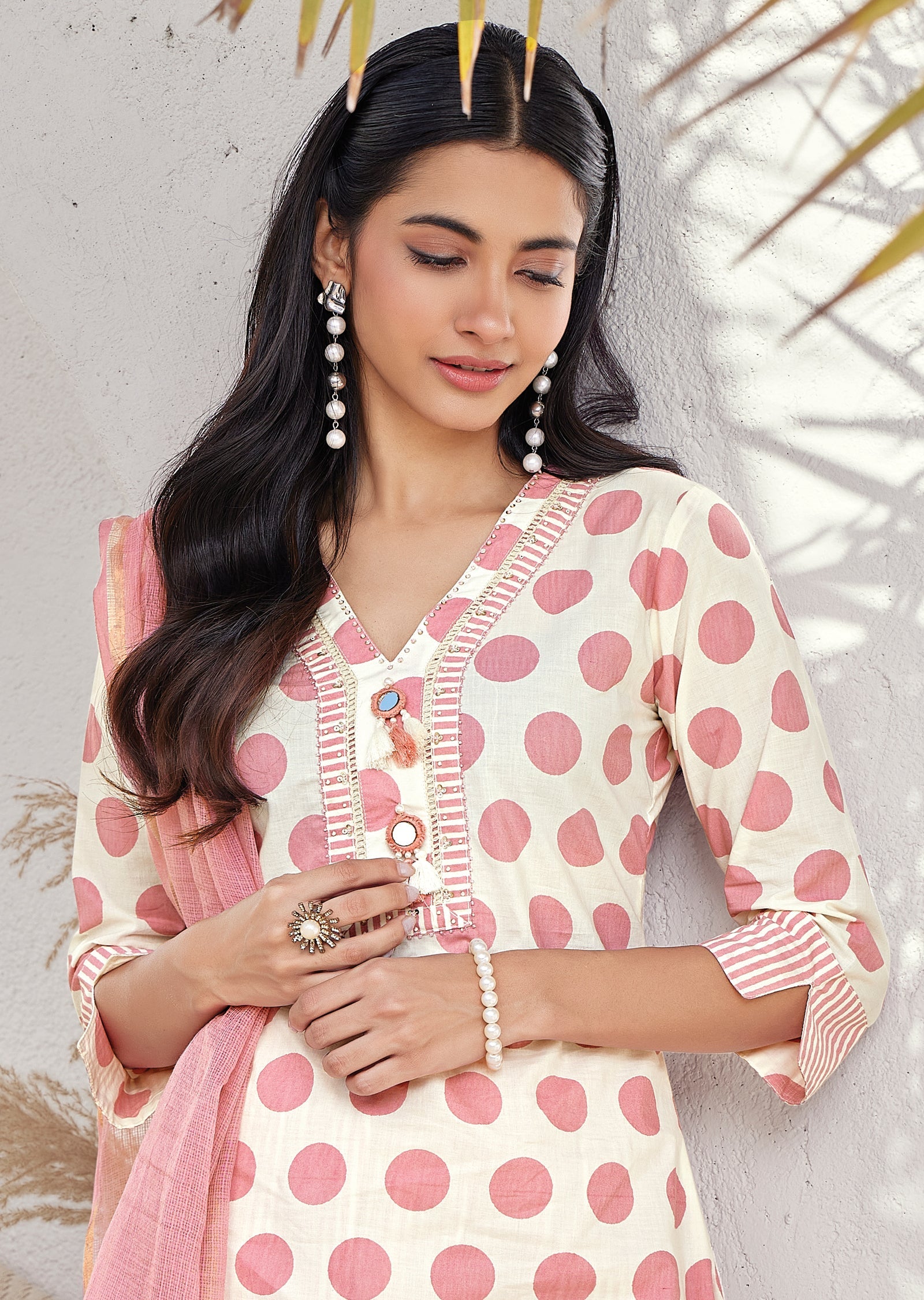 Pink Cotton Straight cut kurti Set