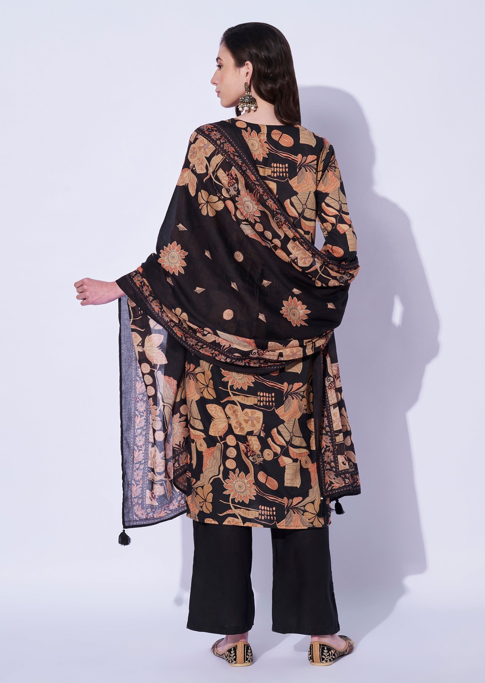 Black Cotton Straight Cut Kurti Set