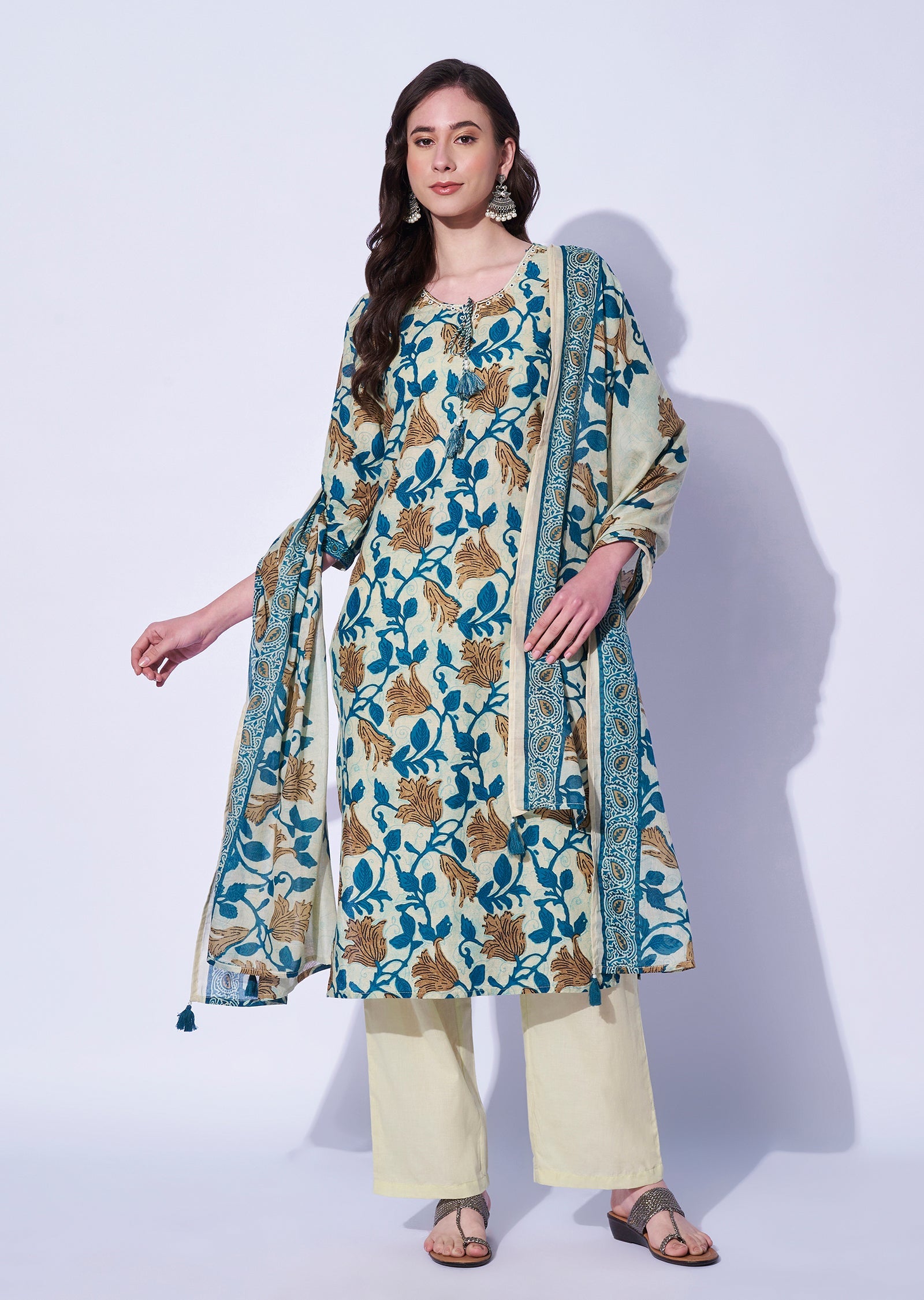 Rama Blue Cotton Straight Cut Kurti Set