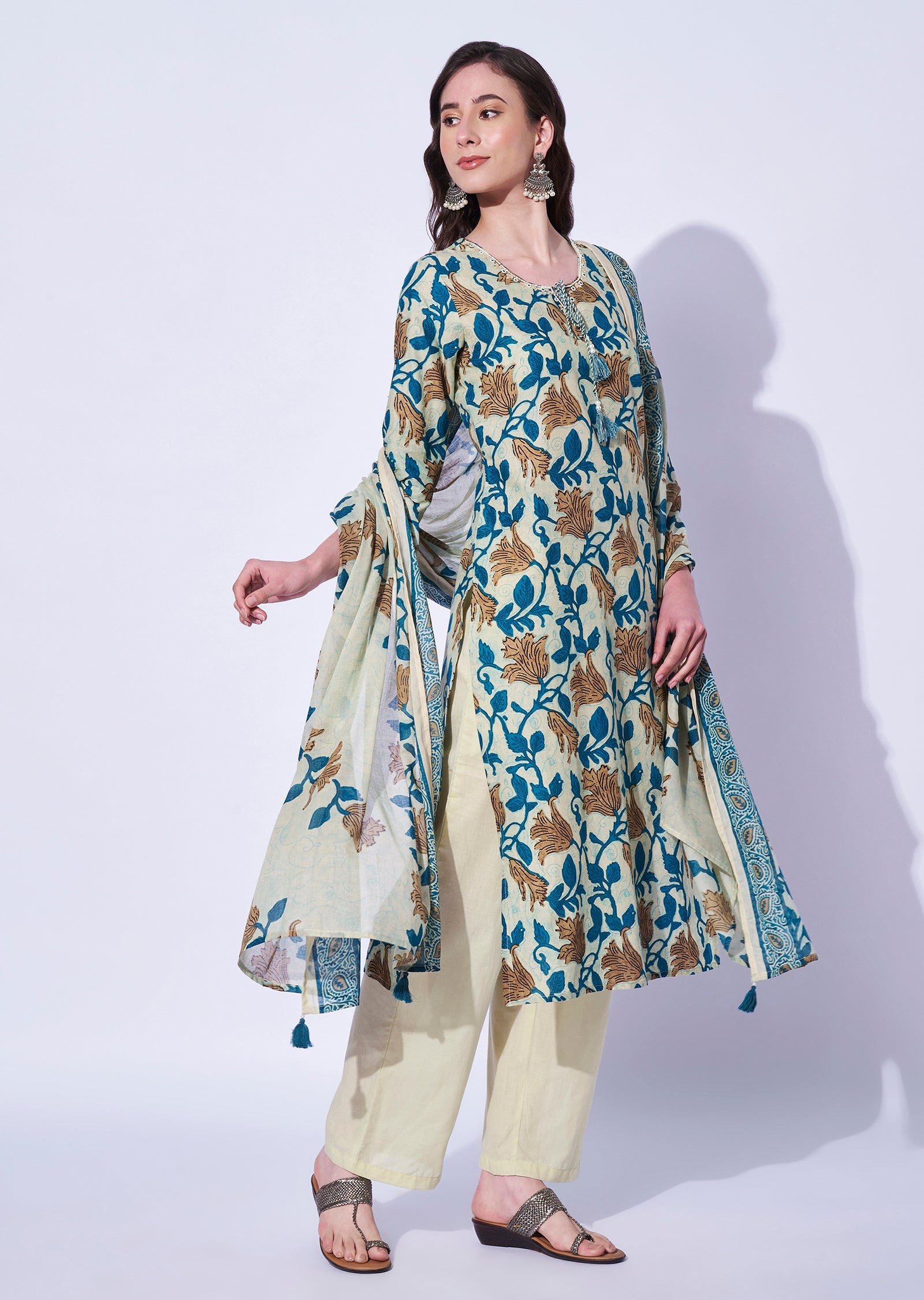 Rama Blue Cotton Straight Cut Kurti Set