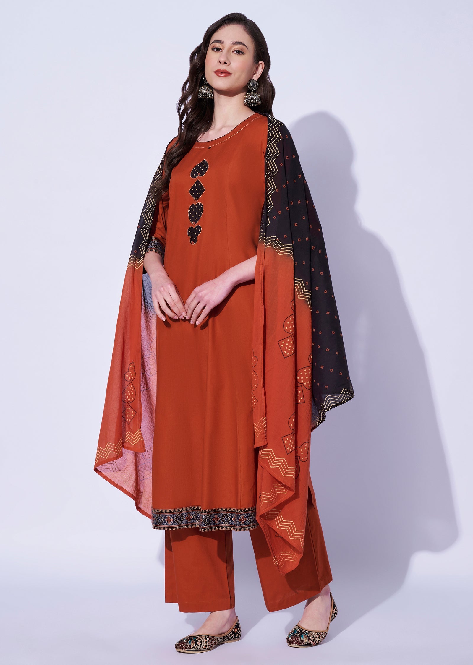 Dark Rust Cotton Straight Cut Kurti Set