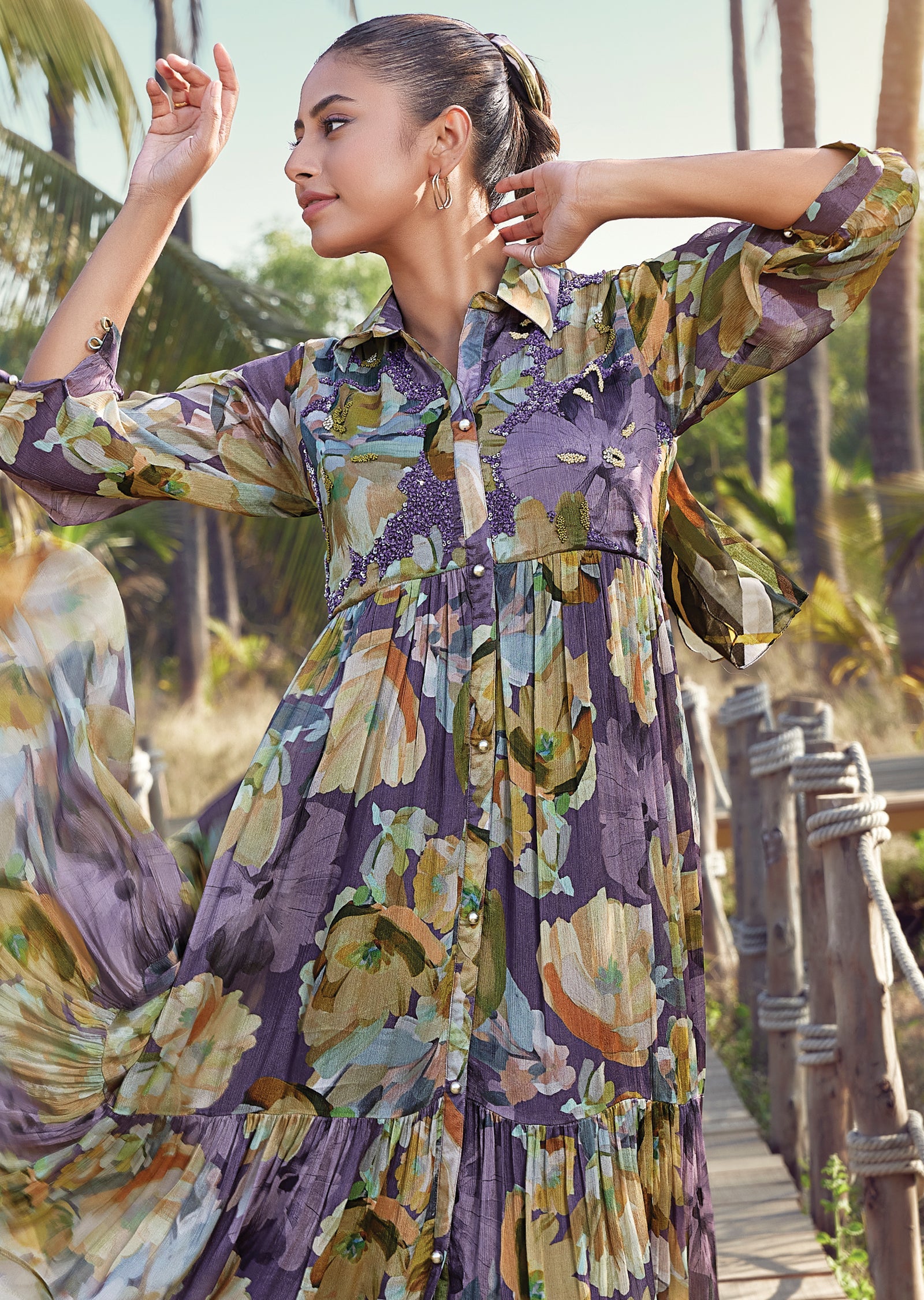 Purple Chinnon Frock Style kurti