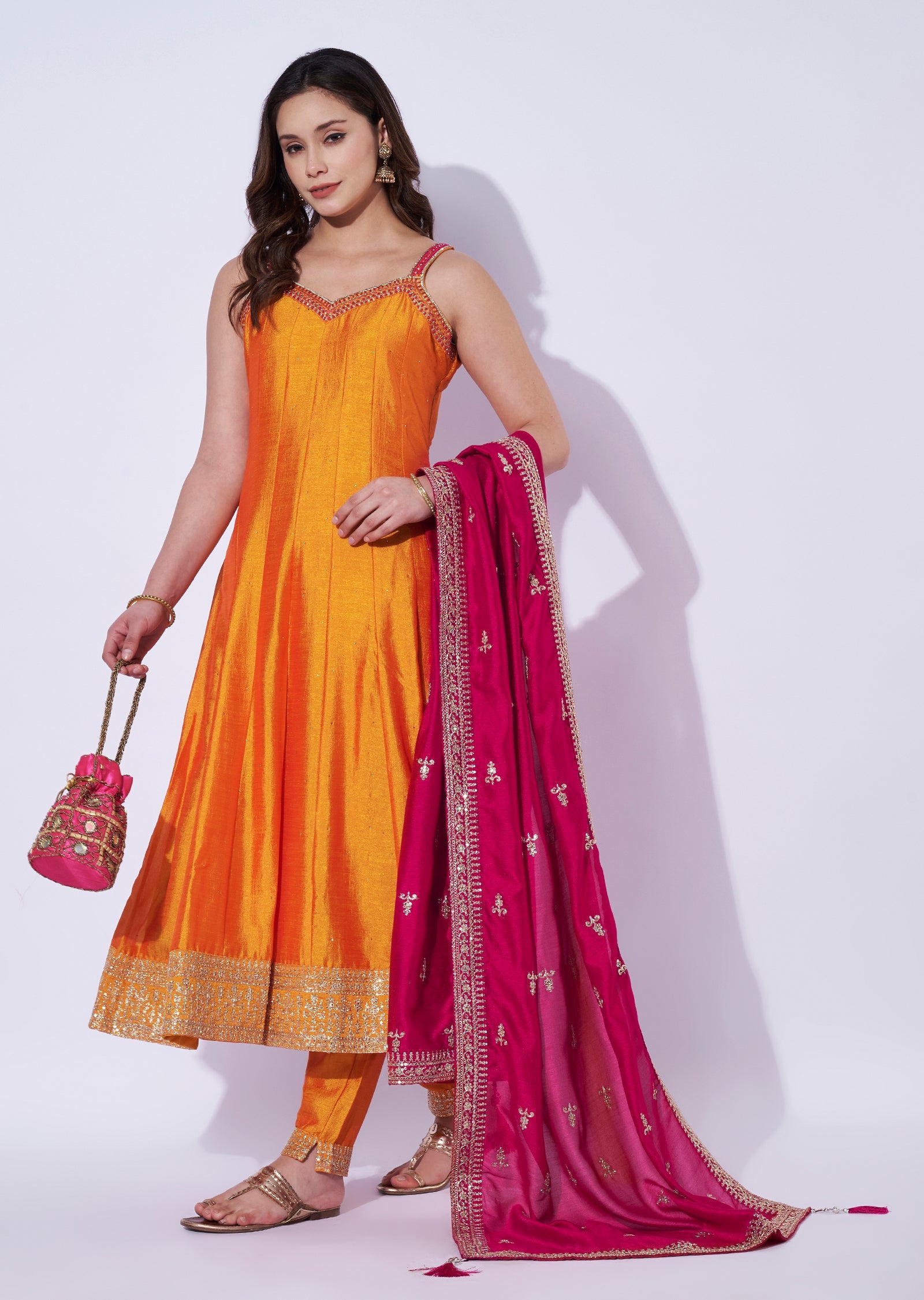 Orange Tissue Anarkali Set
