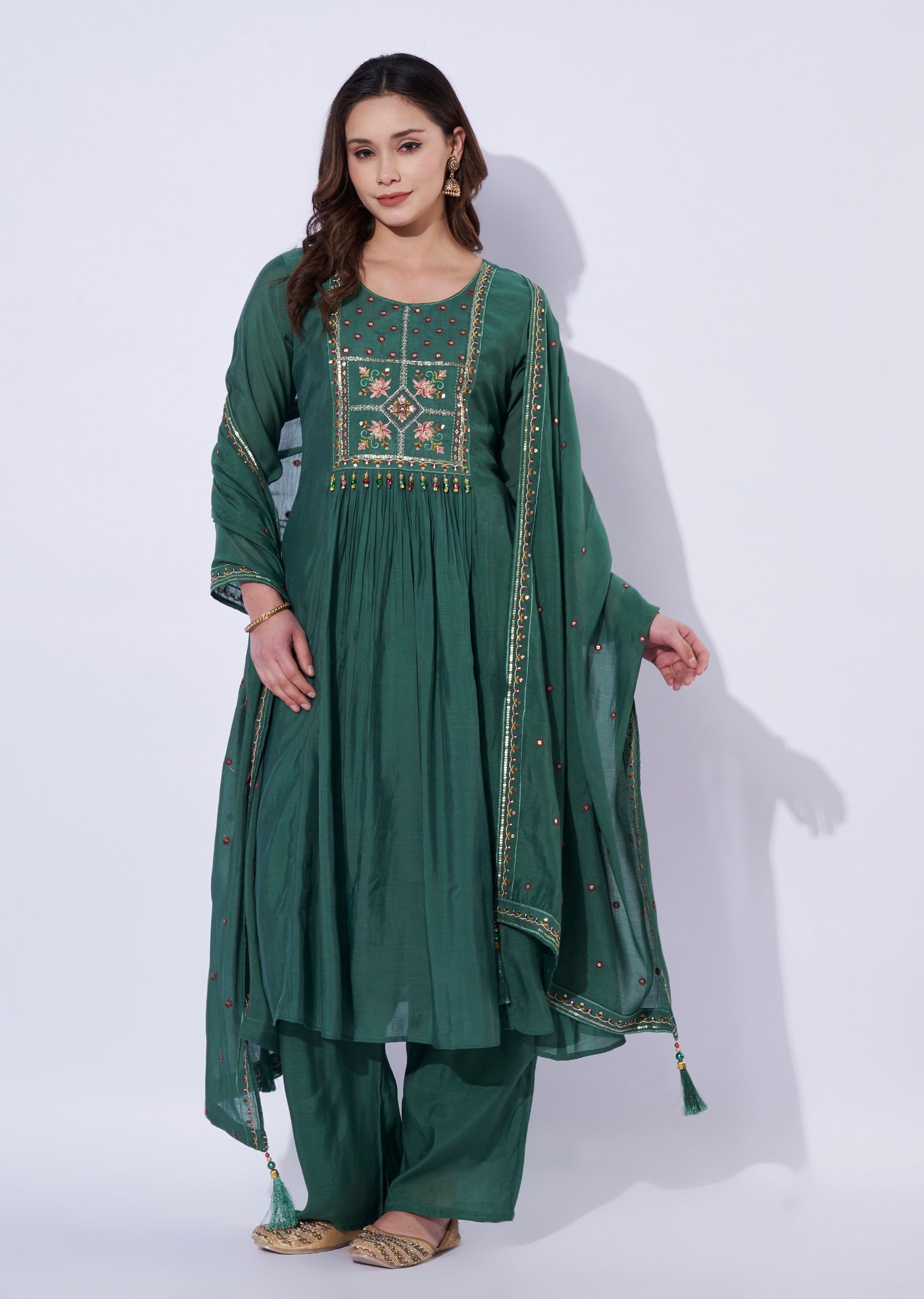 Green Chanderi Anarkali Set