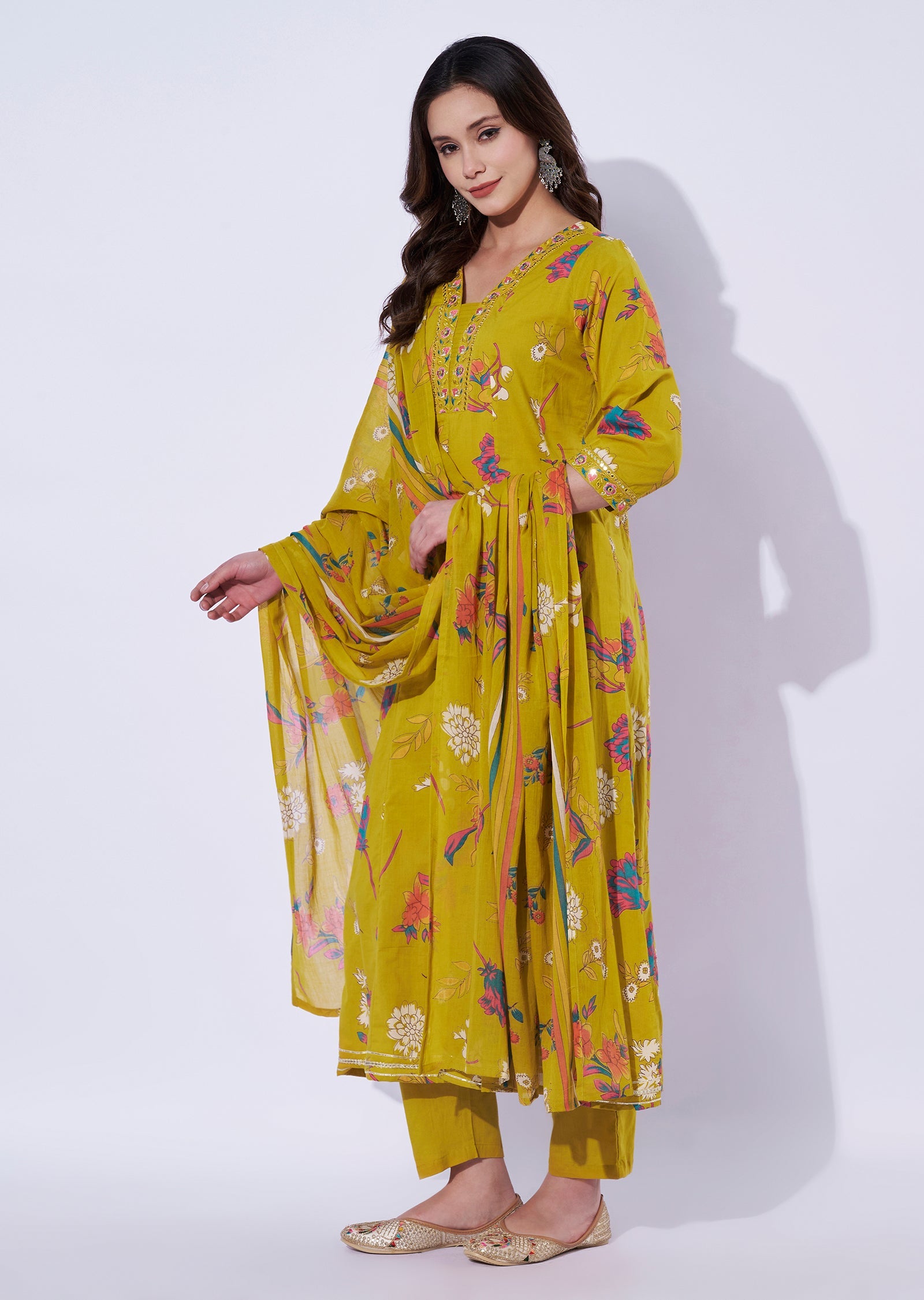 Mustard Cotton Anarkali Set