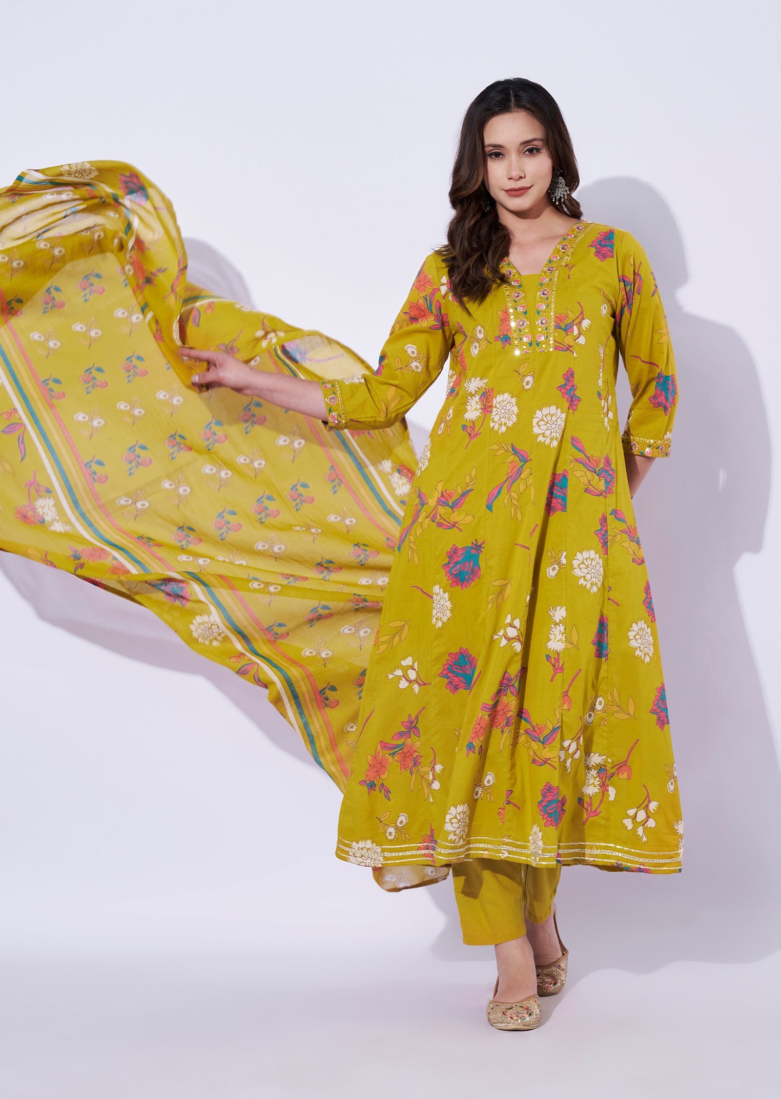 Mustard Cotton Anarkali Set