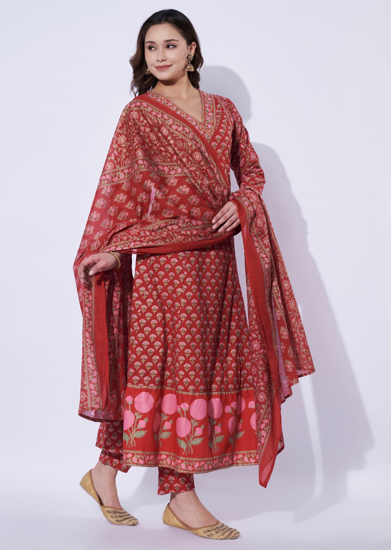 Red Cotton Anarkali Set