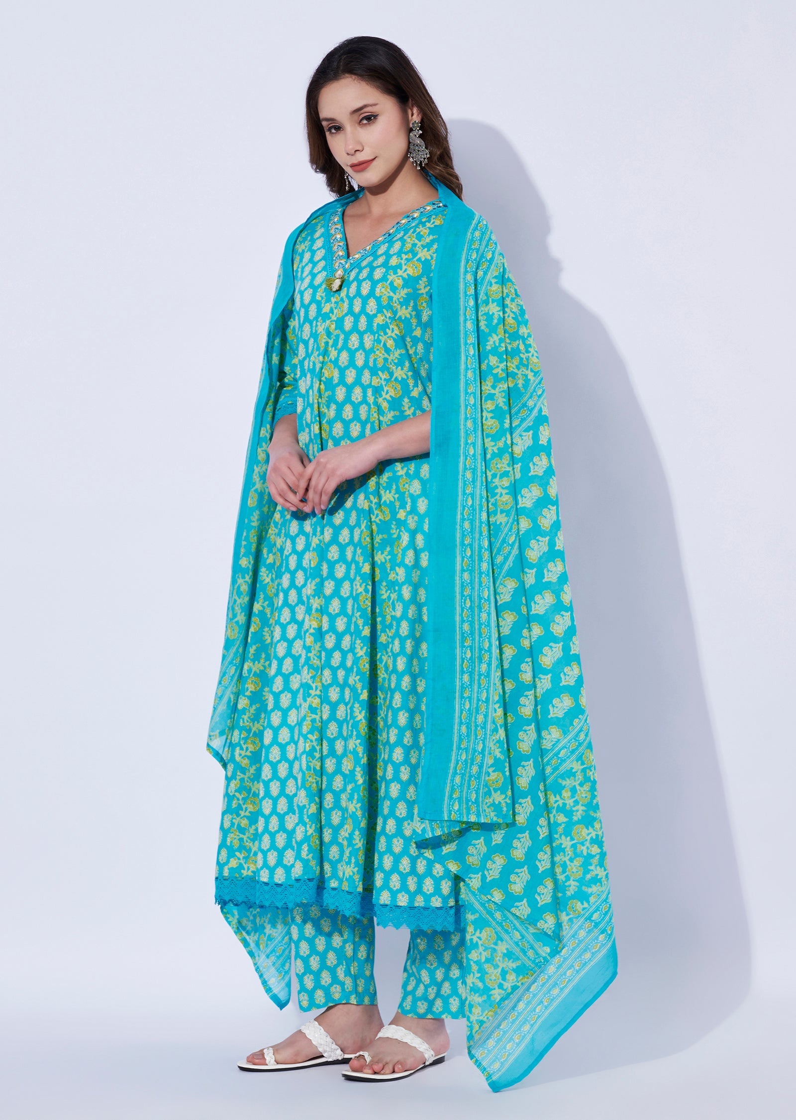 Blue Cotton Anarkali Set