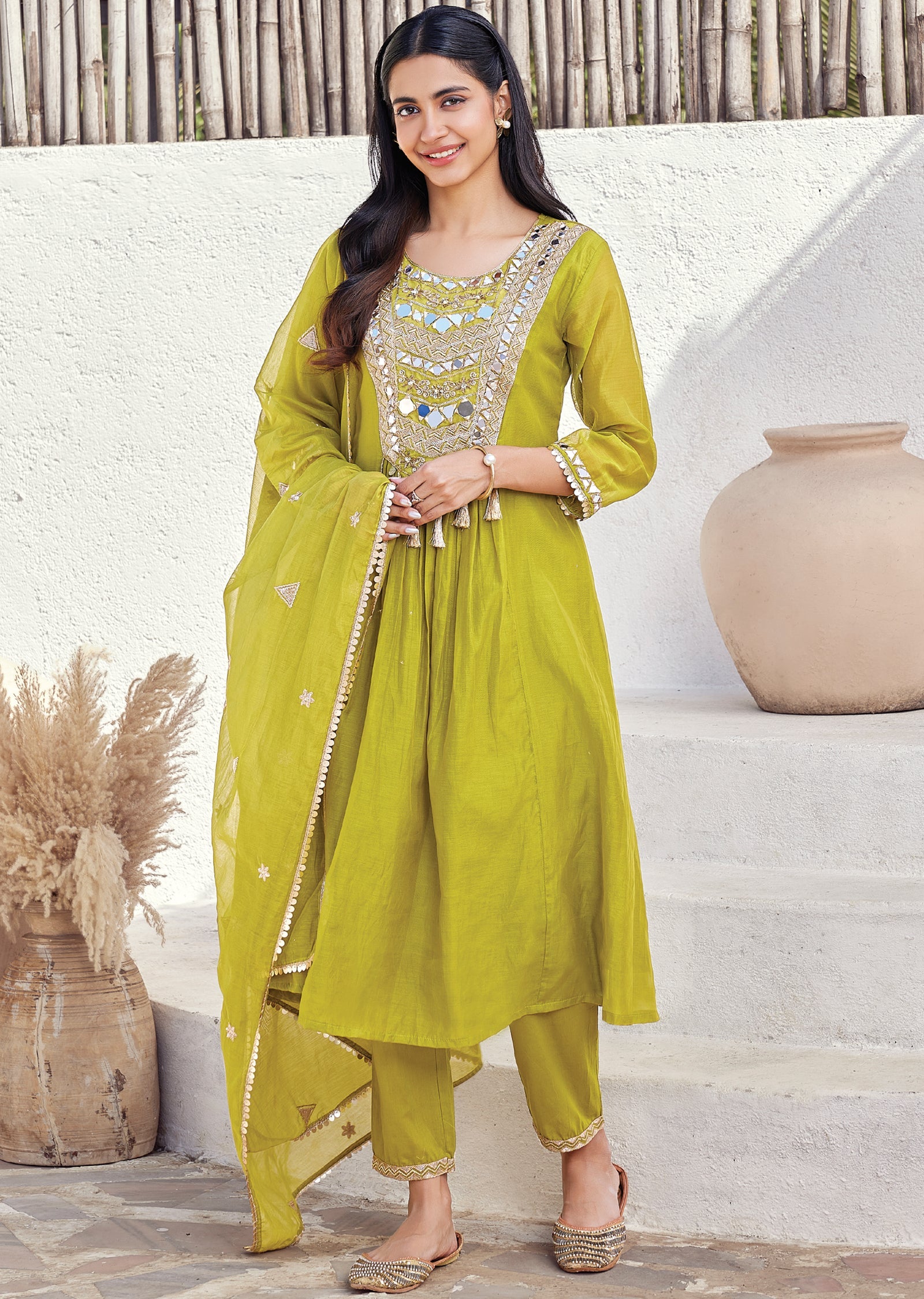 Green Mul chanderi Anarkali