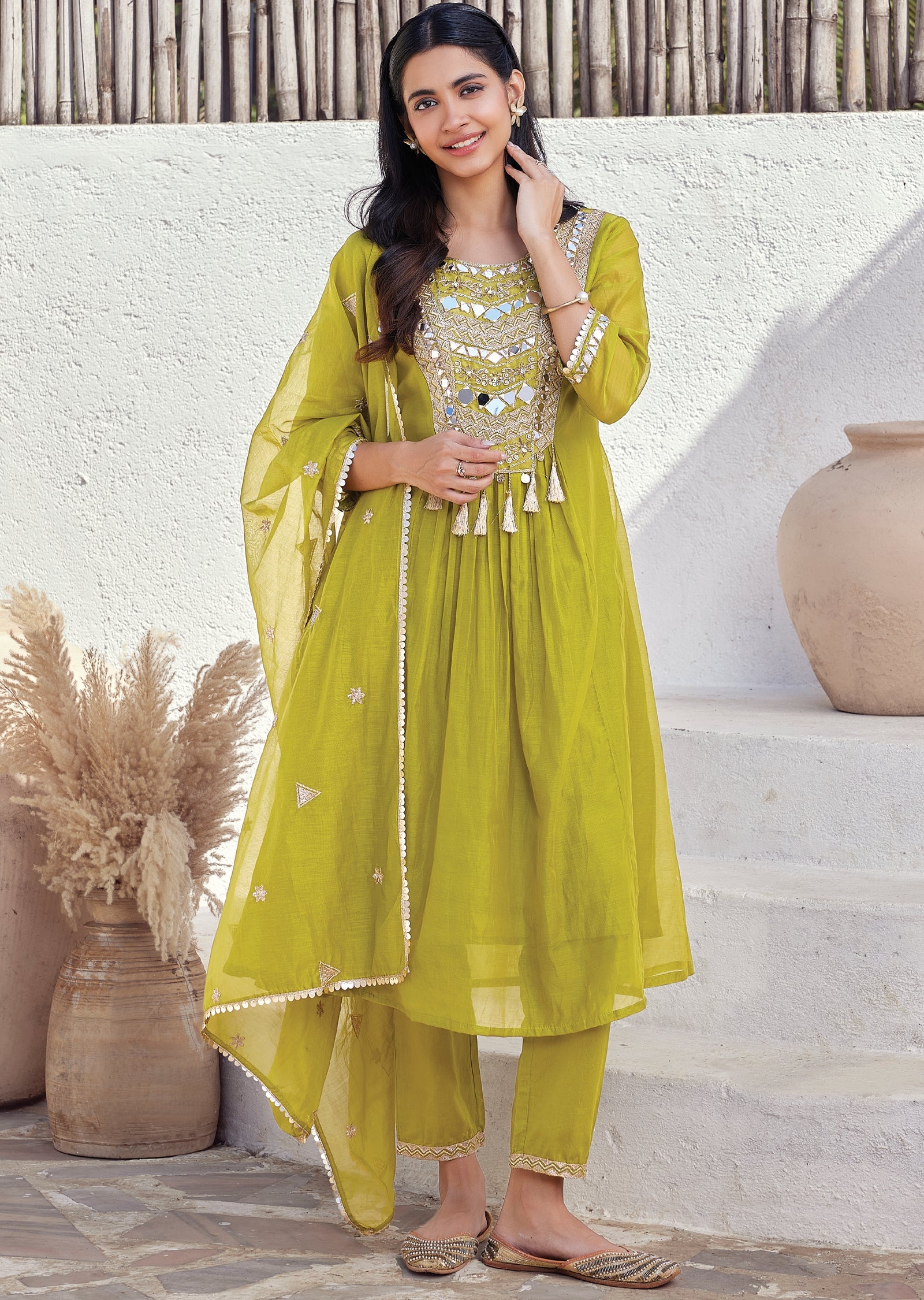Green Mul chanderi Anarkali