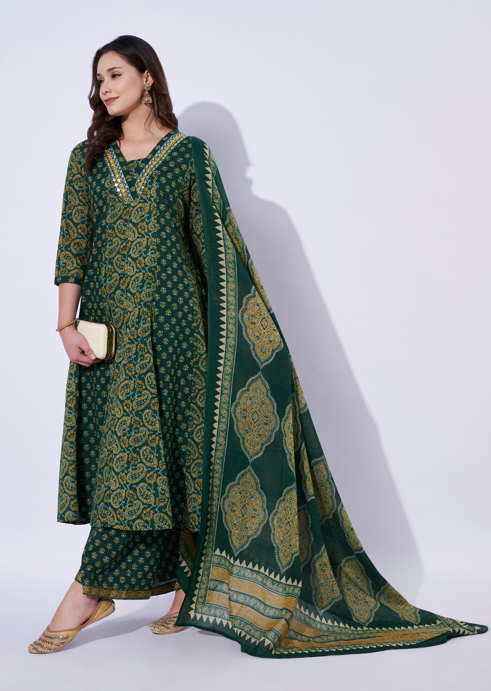 Green Cotton Anarkali Set