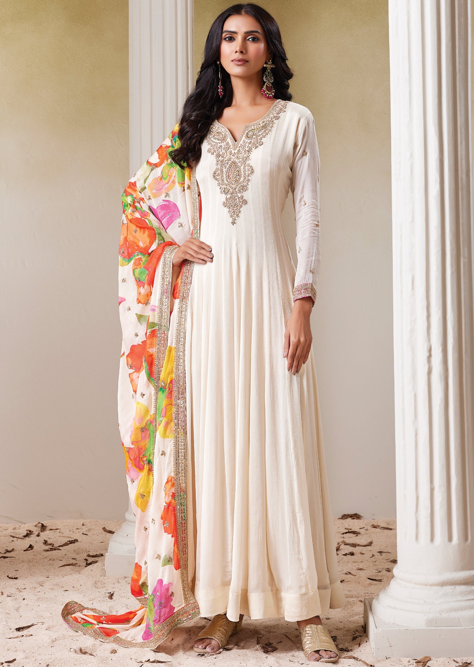 Cream Chinnon Anarkali (No Bottom)